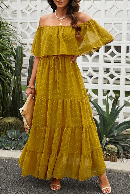 Sky Blue Yellow Yellow Off Shoulder Ruffle Swiss Dot Maxi Dress - LA Grand