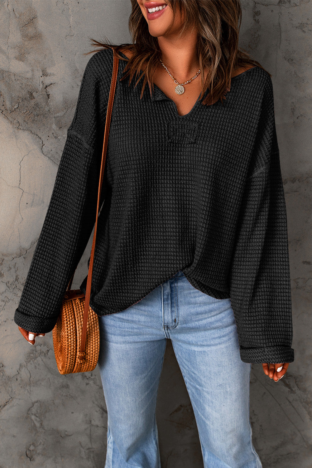 Dusk Blue Waffle Knit Loose Long Sleeve Top - LA Grand