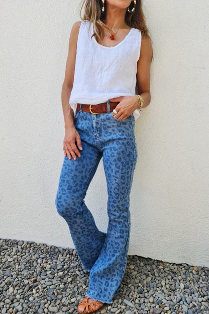 Sky Blue Leopard Print Raw Hem High Waist Flare Jeans - LA Grand