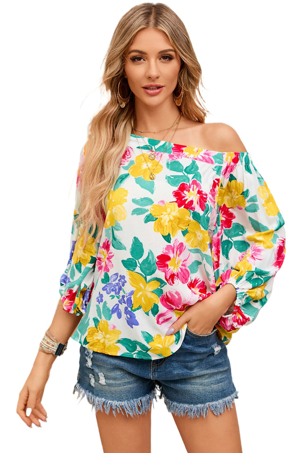 White Water Painting Flowers Puff Sleeve Blouse - LA Grand