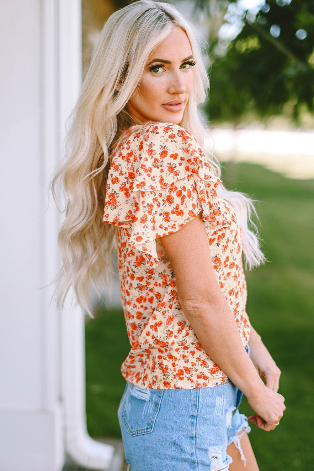 Orange Floral Tiered Flutter Sleeve Blouse - LA Grand