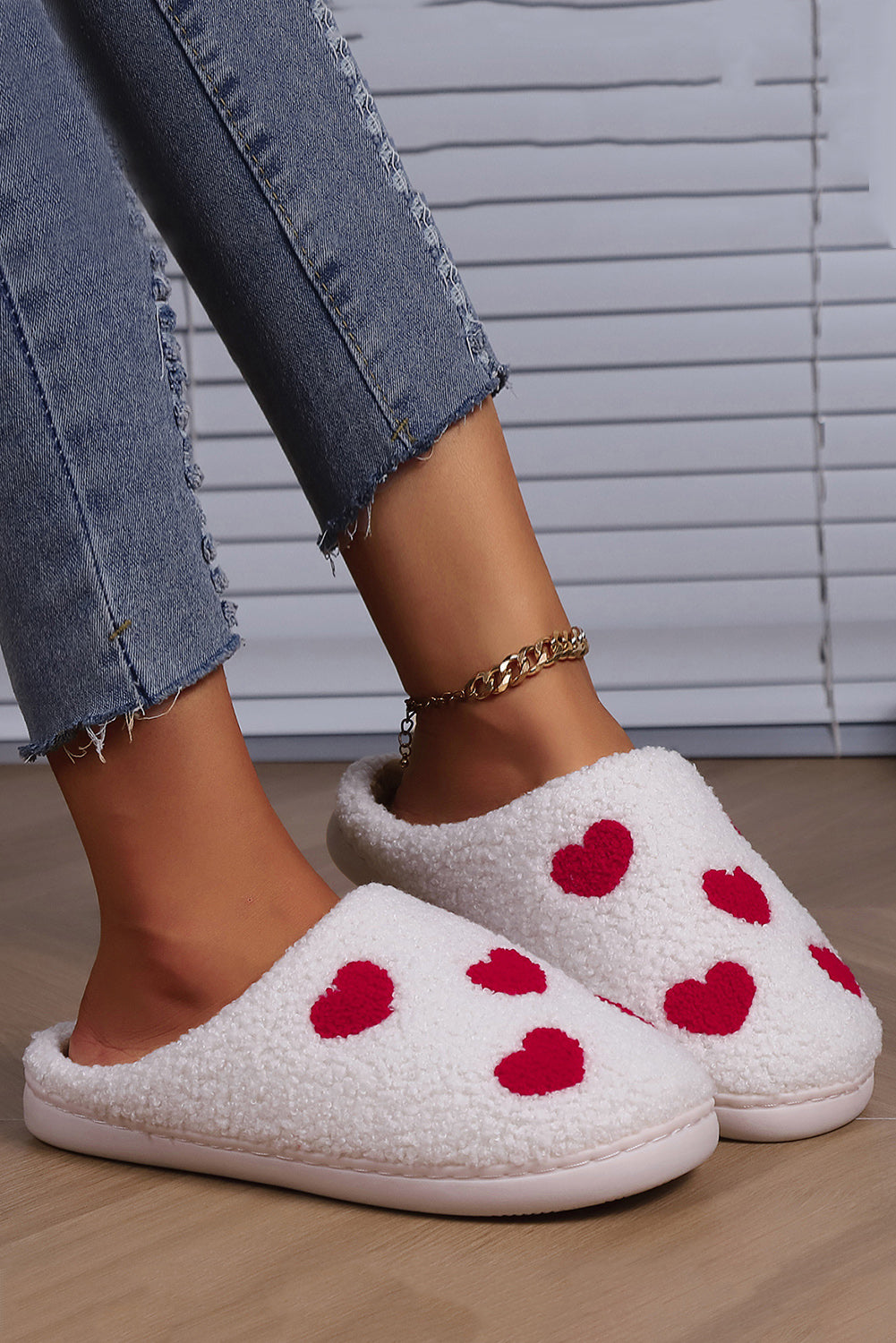 White Valentines Day Hearts Print Plush House Slippers - LA Grand