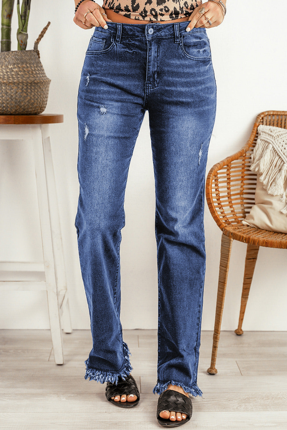 Blue Raw Hem Straight Leg Jeans - LA Grand