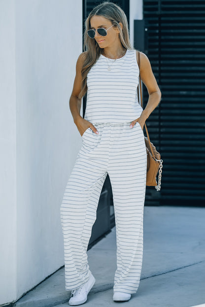 White Striped Print Pocketed Sleeveless Jumpsuit - LA Grand