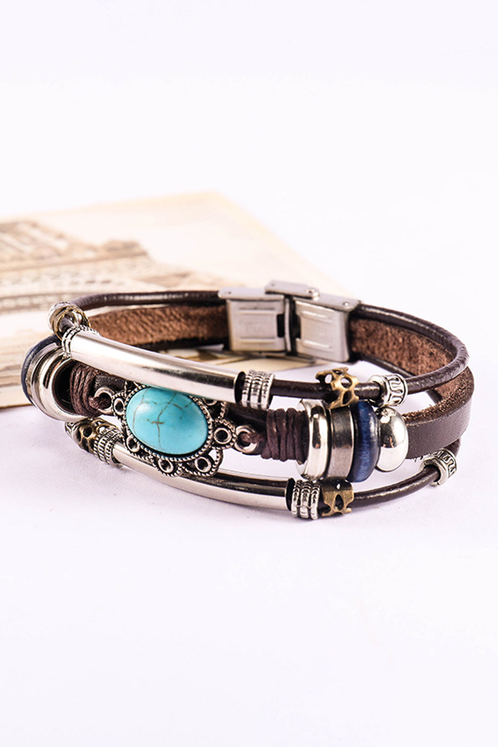 Brown Turquoise Faux Leather Multi-layered Bracelet - LA Grand