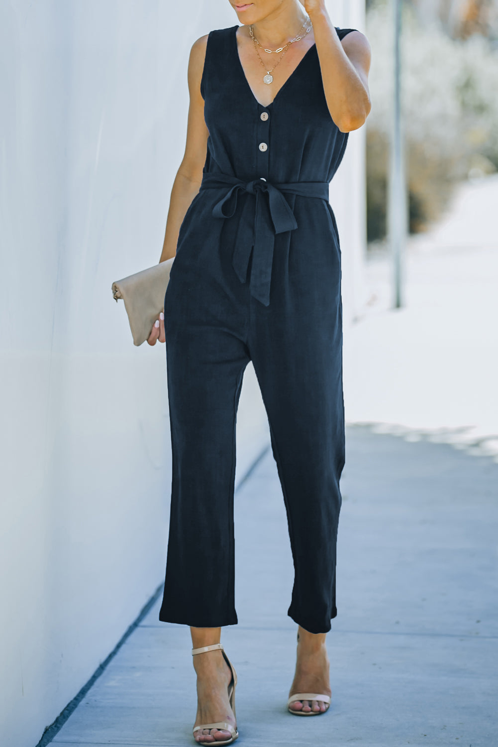 Black V Neck Button Belted Jumpsuit with Pockets - LA Grand