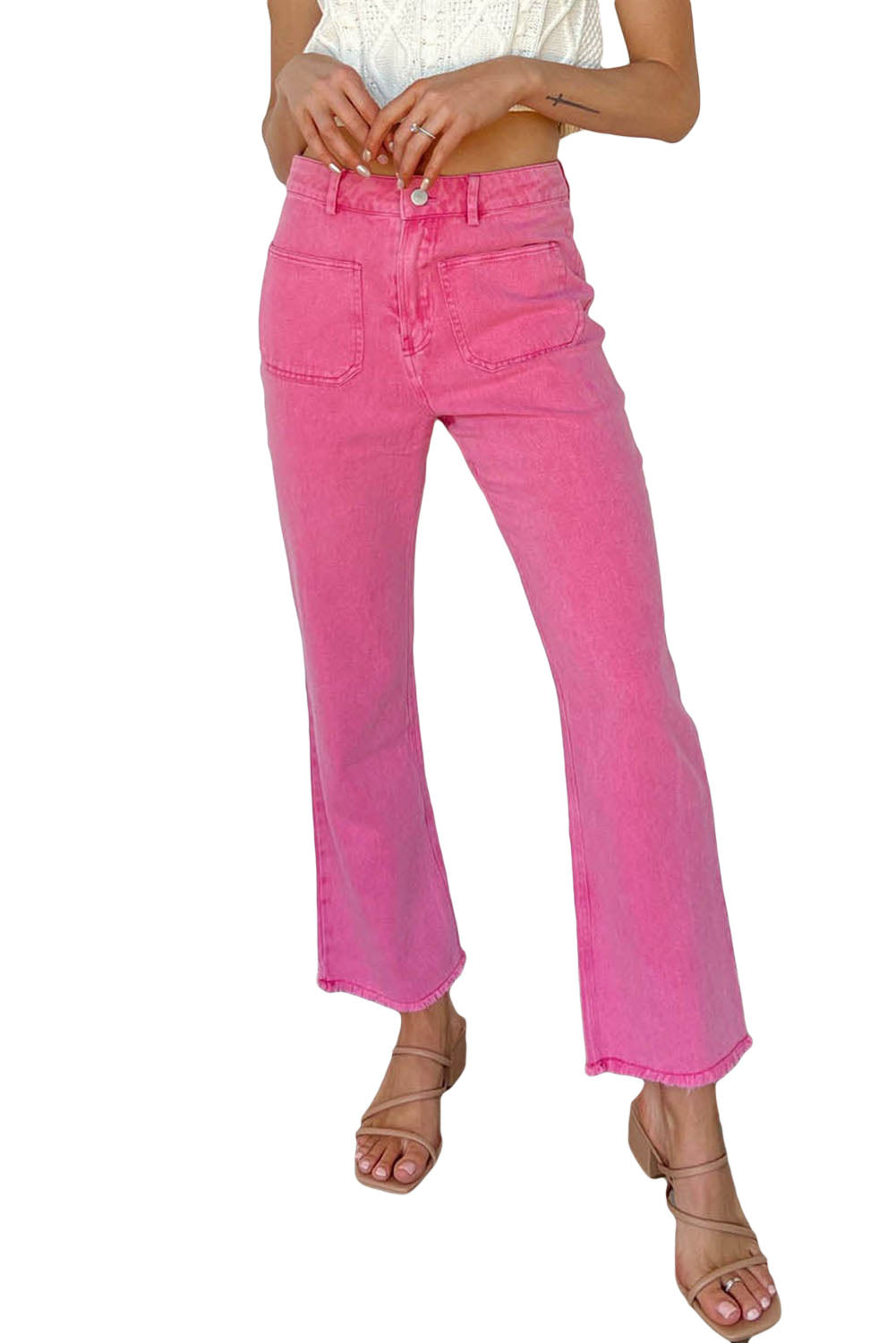 Pink Ankle-length Flare Leg Raw Hem Jeans - LA Grand