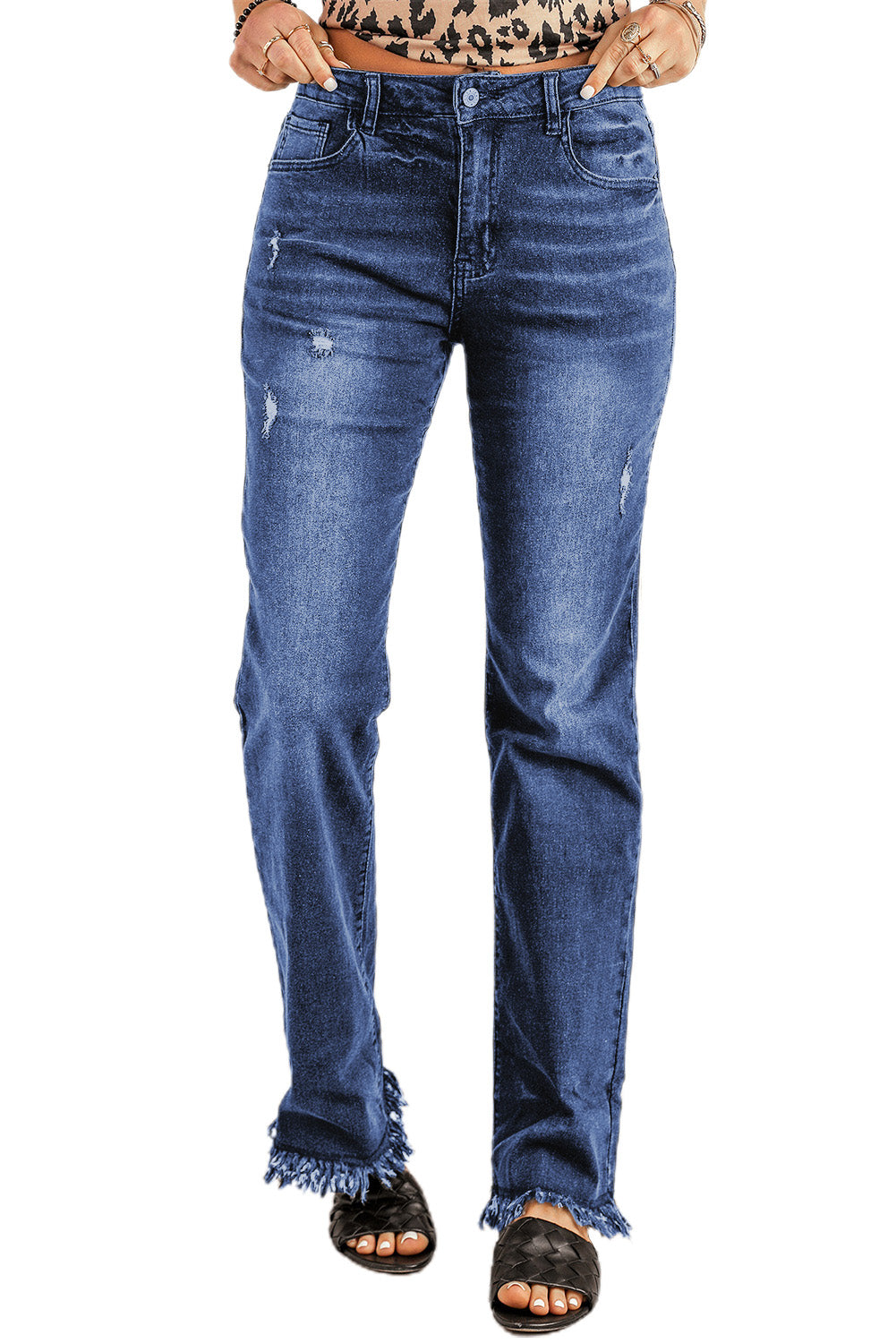 Blue Raw Hem Straight Leg Jeans - LA Grand