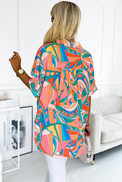 Multicolor Abstract Geometry Print Half Puff Sleeve Loose Shirt - LA Grand