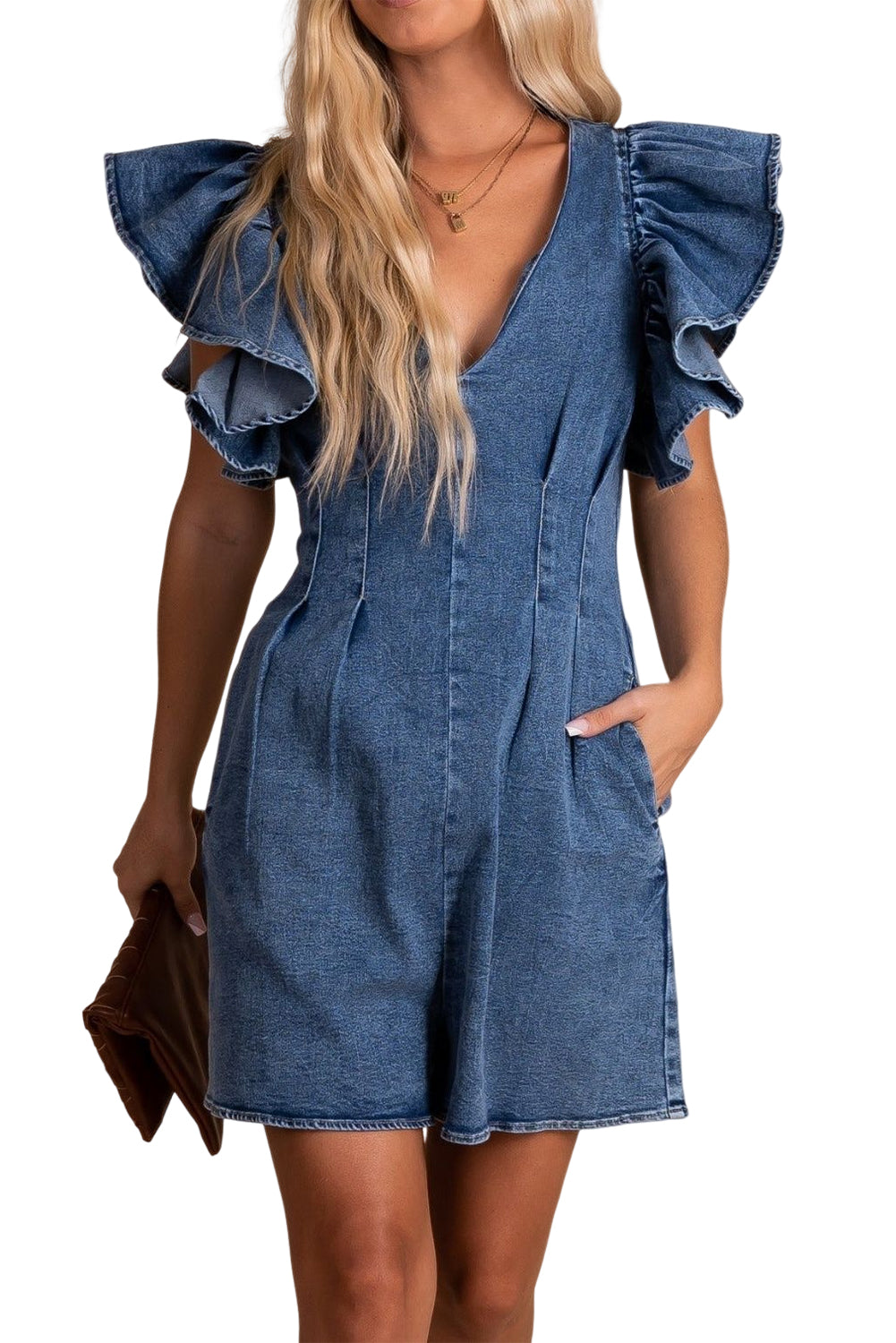 Blue Ruffle Pleated Denim Romper with Pockets - LA Grand