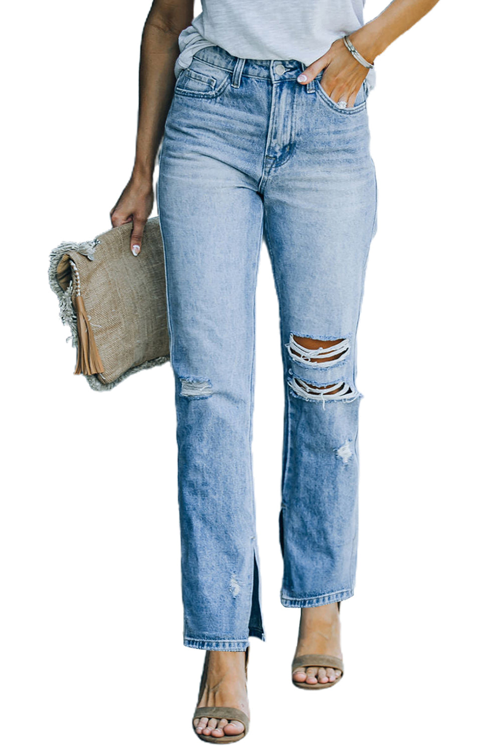 Sky Blue Side Splits Ripped Straight Leg High Waist Jeans - LA Grand