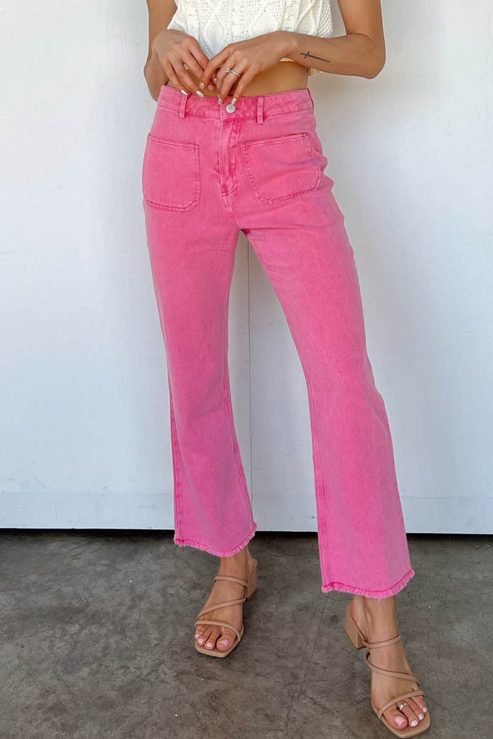 Pink Ankle-length Flare Leg Raw Hem Jeans - LA Grand