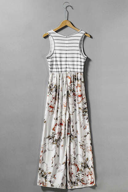 White Striped Floral Pocket Sleeveless Jumpsuit - LA Grand