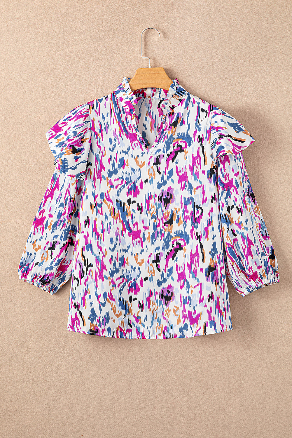 Multicolour Abstract Print 3/4 Puff Sleeve Ruffle Blouse - LA Grand