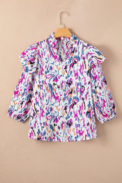 Multicolour Abstract Print 3/4 Puff Sleeve Ruffle Blouse - LA Grand