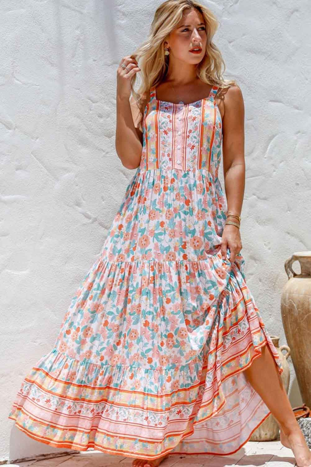 Orange Boho Floral Print Sleeveless Tiered Maxi Dress - LA Grand