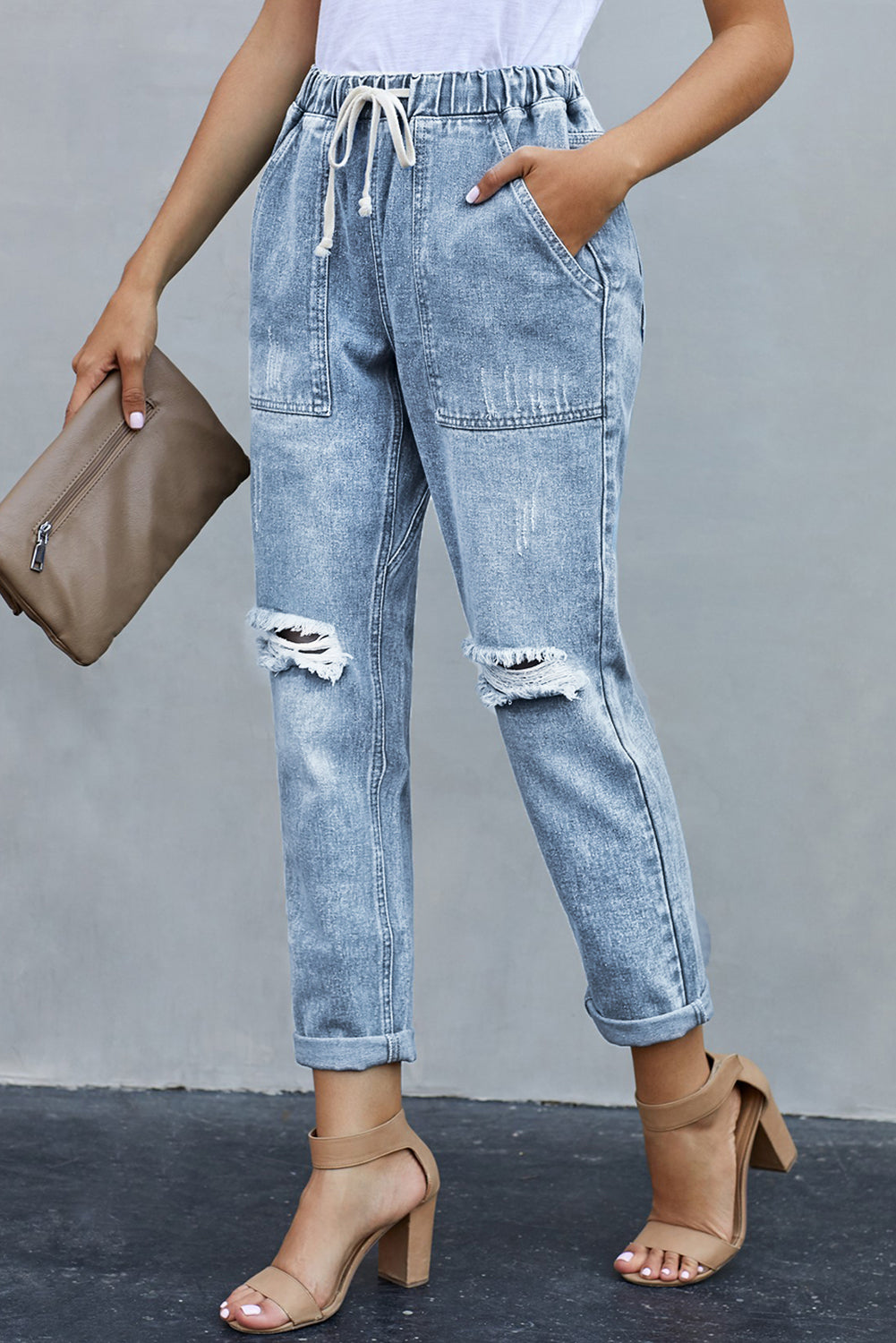 Sky Blue Gather Round Distressed Pocketed Denim Jogger - LA Grand