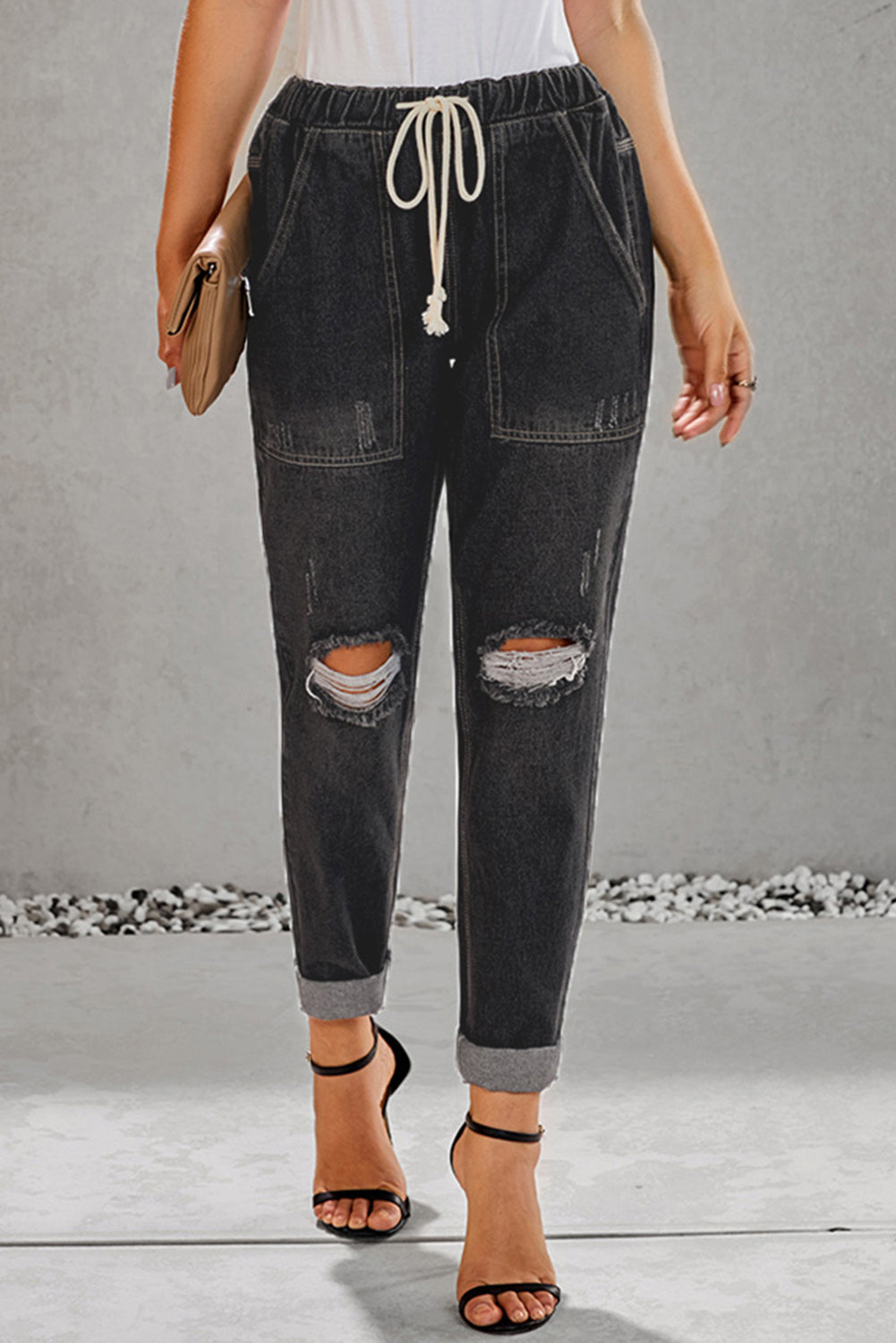 Sky Blue Gather Round Distressed Pocketed Denim Jogger - LA Grand