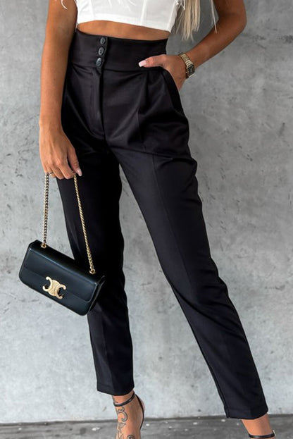 Black Button High Waist Tapered Pants - LA Grand