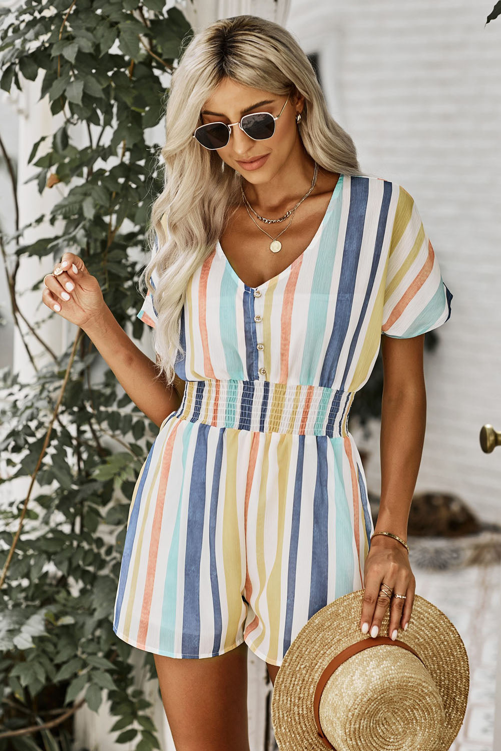 Striped Print V-neck Button Romper - LA Grand