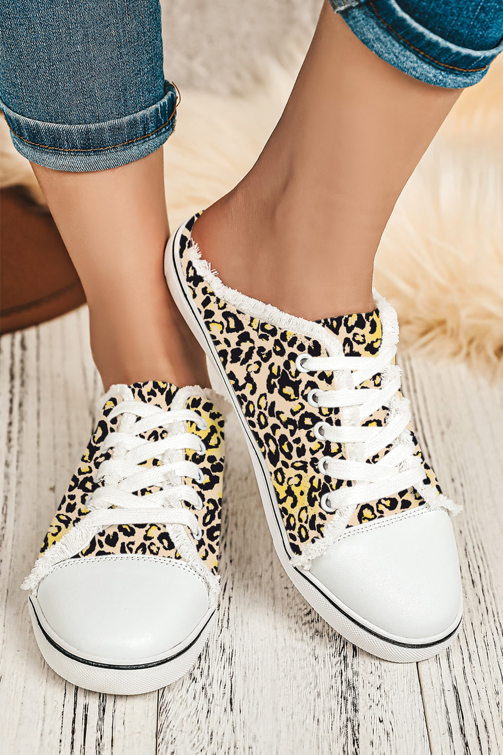 Chestnut Leopard Print Lace Up Decor Canvas Slip On Shoes - LA Grand