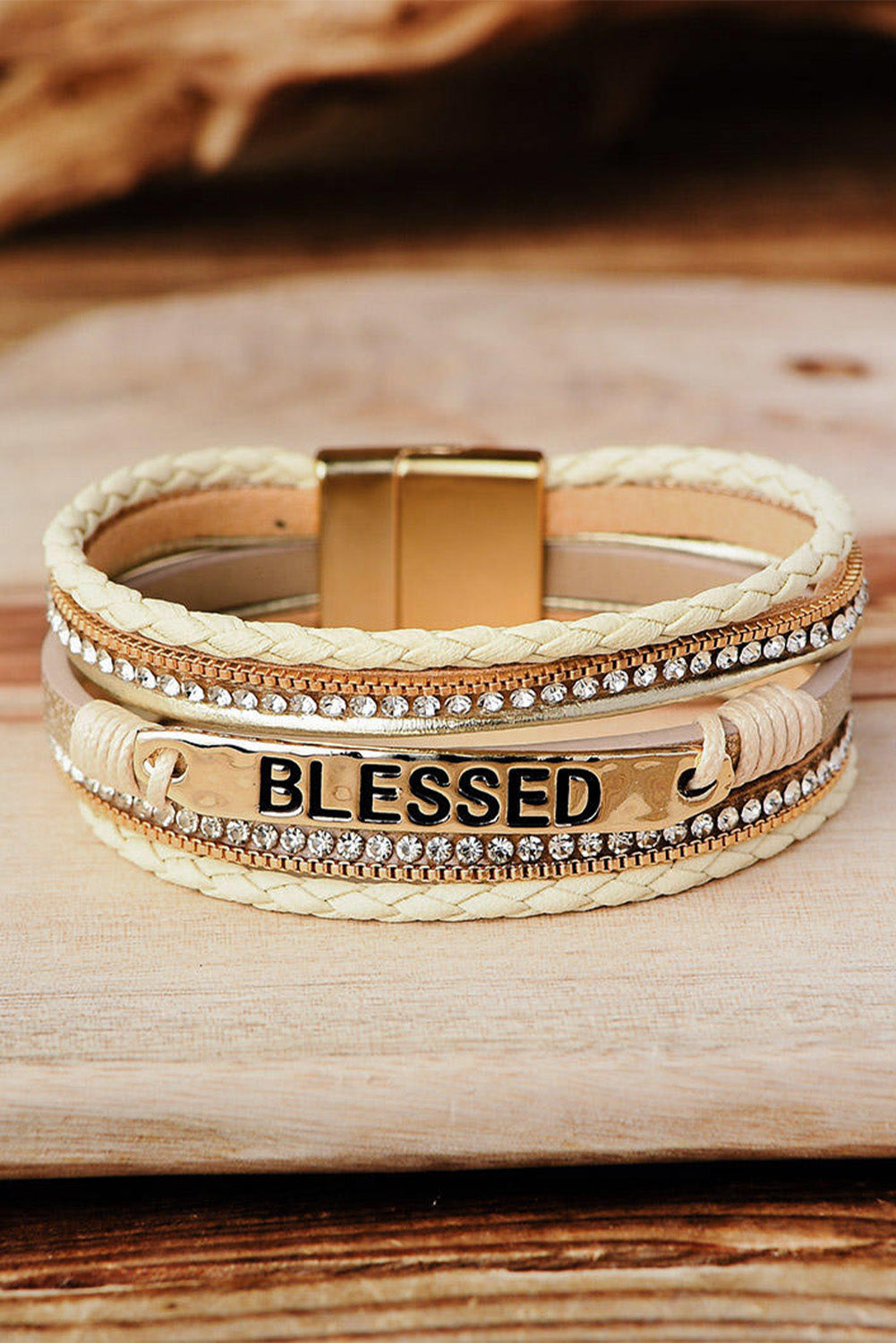 Beige BLESSED Rhinestone Braided Detail Buckle Bracelet - LA Grand