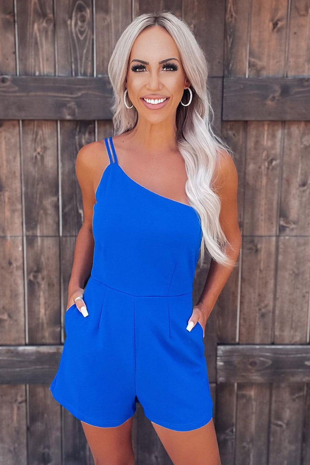 Blue One Shoulder Invisible Zip Side Pocketed Romper - LA Grand