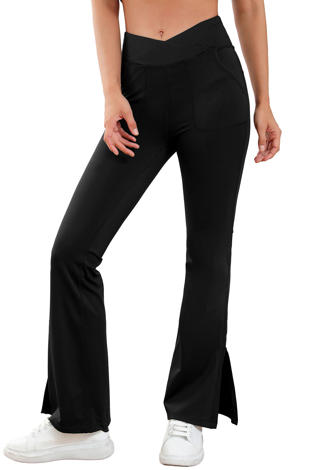 Black Cross Waist Pocketed Split Hem Flared Leggings - LA Grand