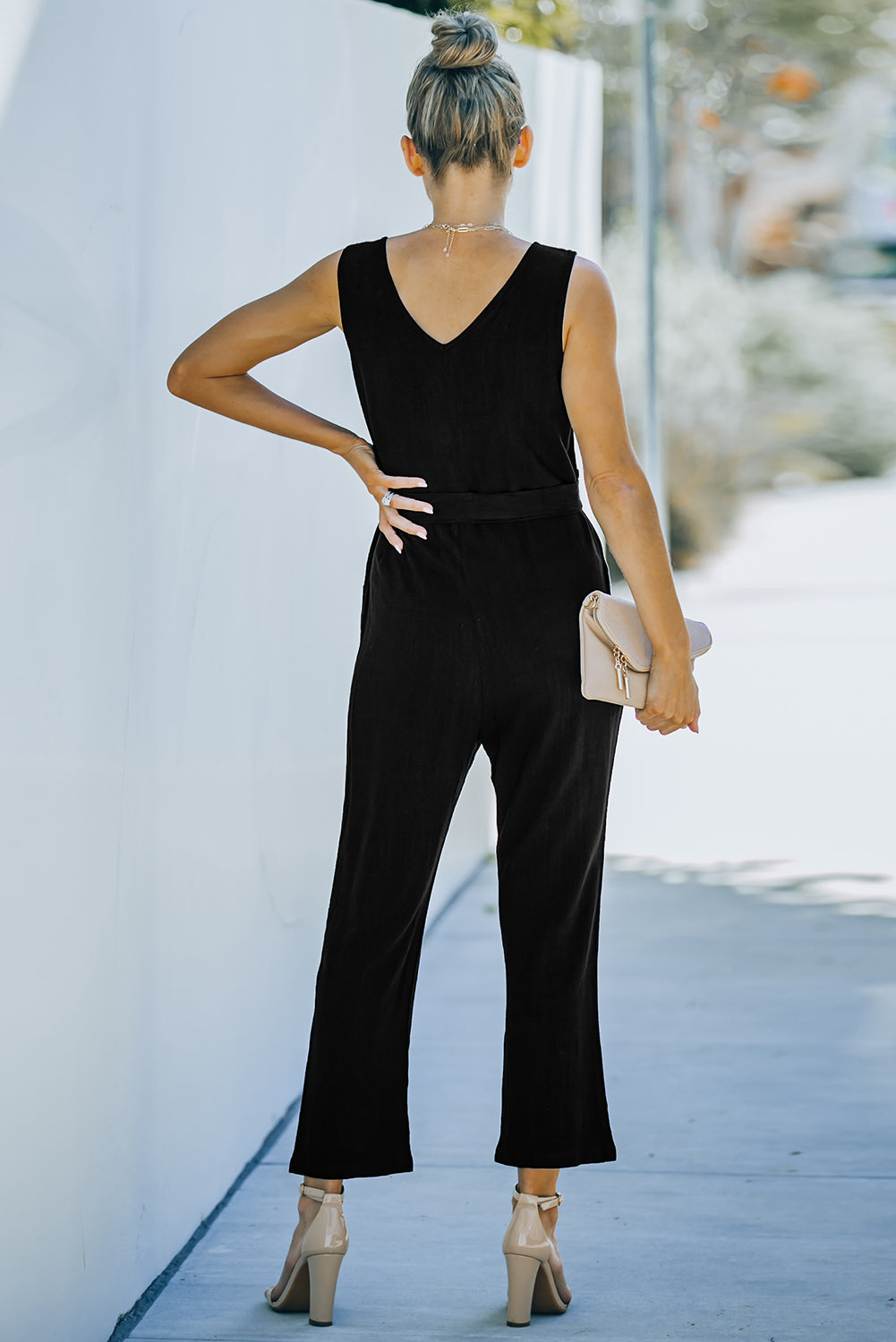 Black V Neck Button Belted Jumpsuit with Pockets - LA Grand