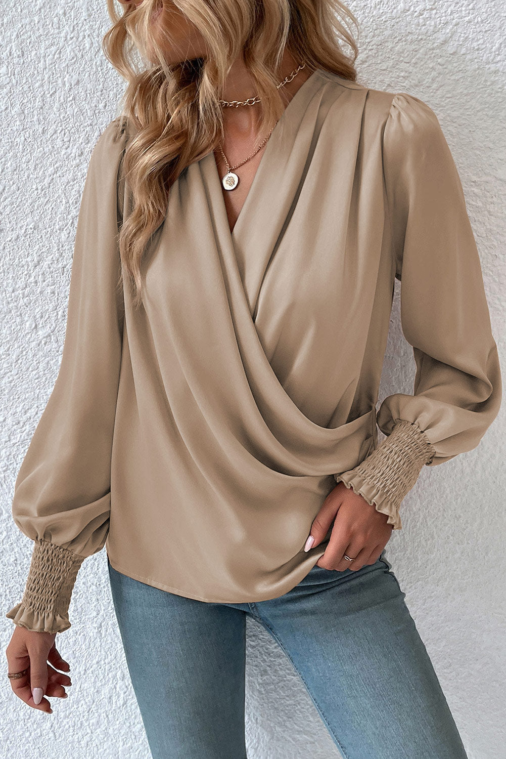 Khaki Solid Surplice Neck Shirred Cuffs Draped Blouse - LA Grand