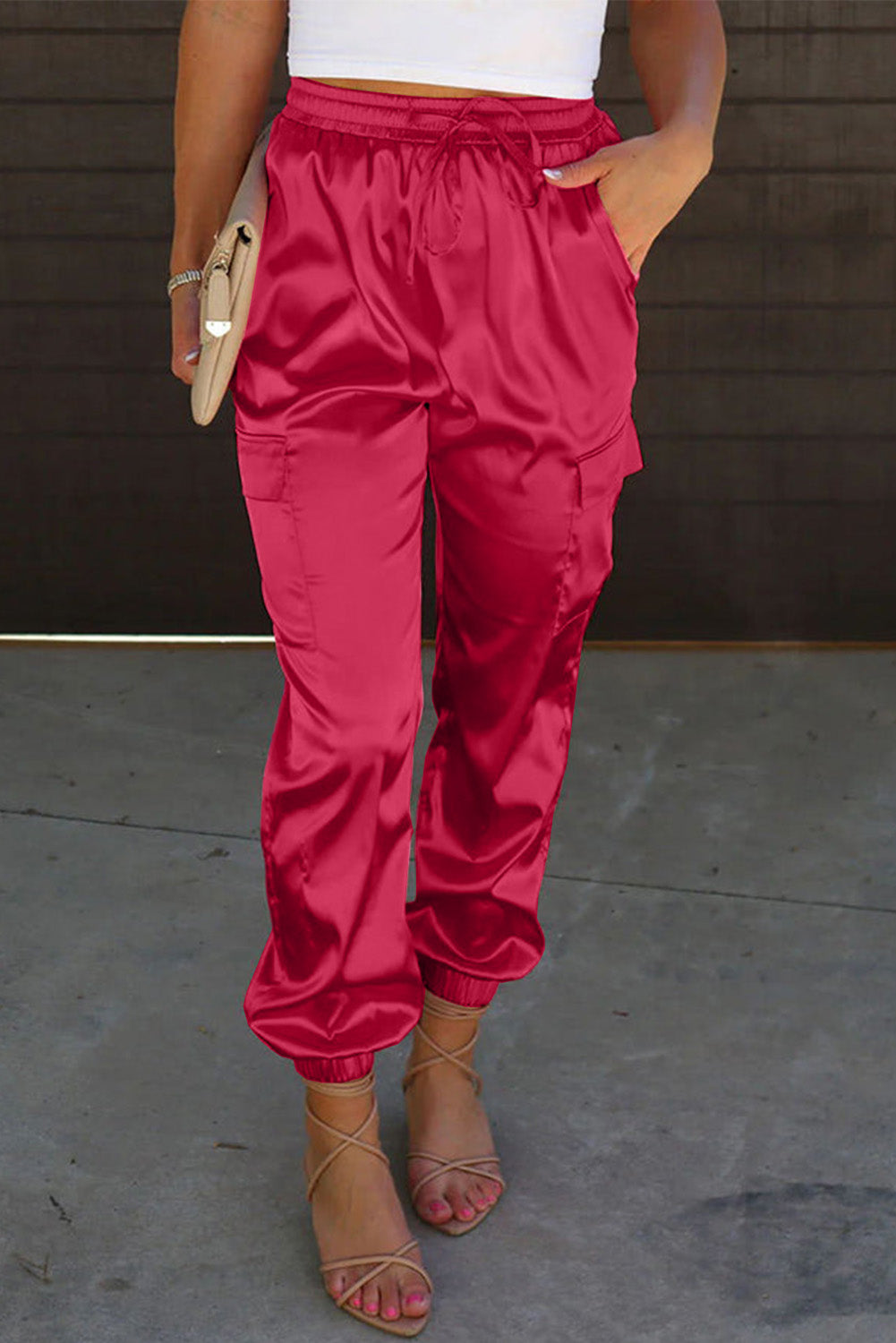 Rose Satin Pocketed Drawstring Elastic Waist Pants - LA Grand