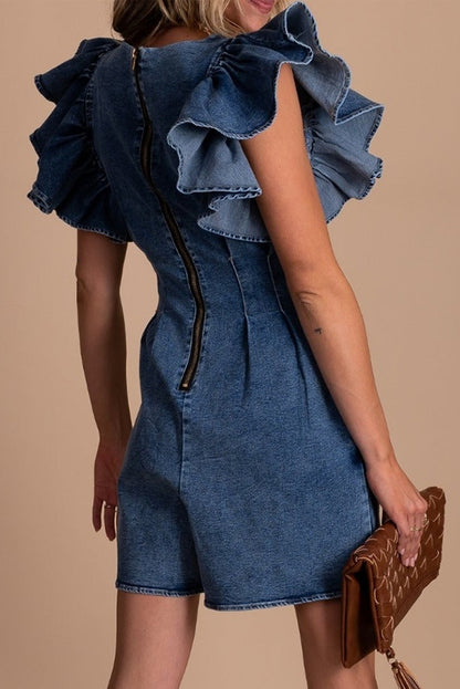 Blue Ruffle Pleated Denim Romper with Pockets - LA Grand