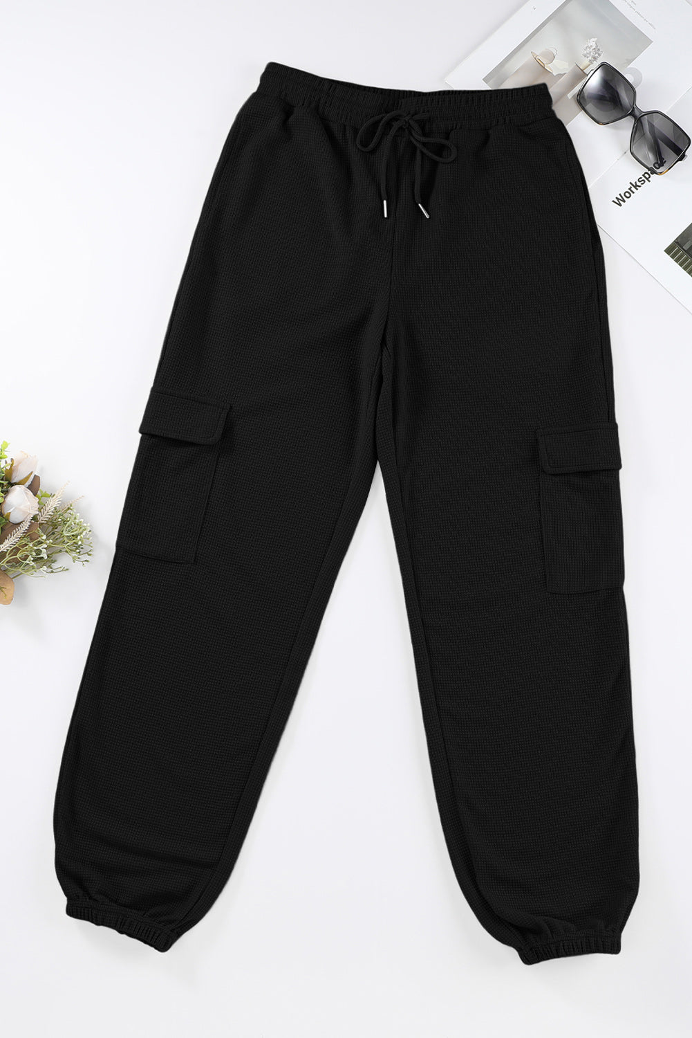 Black Waffle Texture Cargo Pocket Jogger Pants - LA Grand