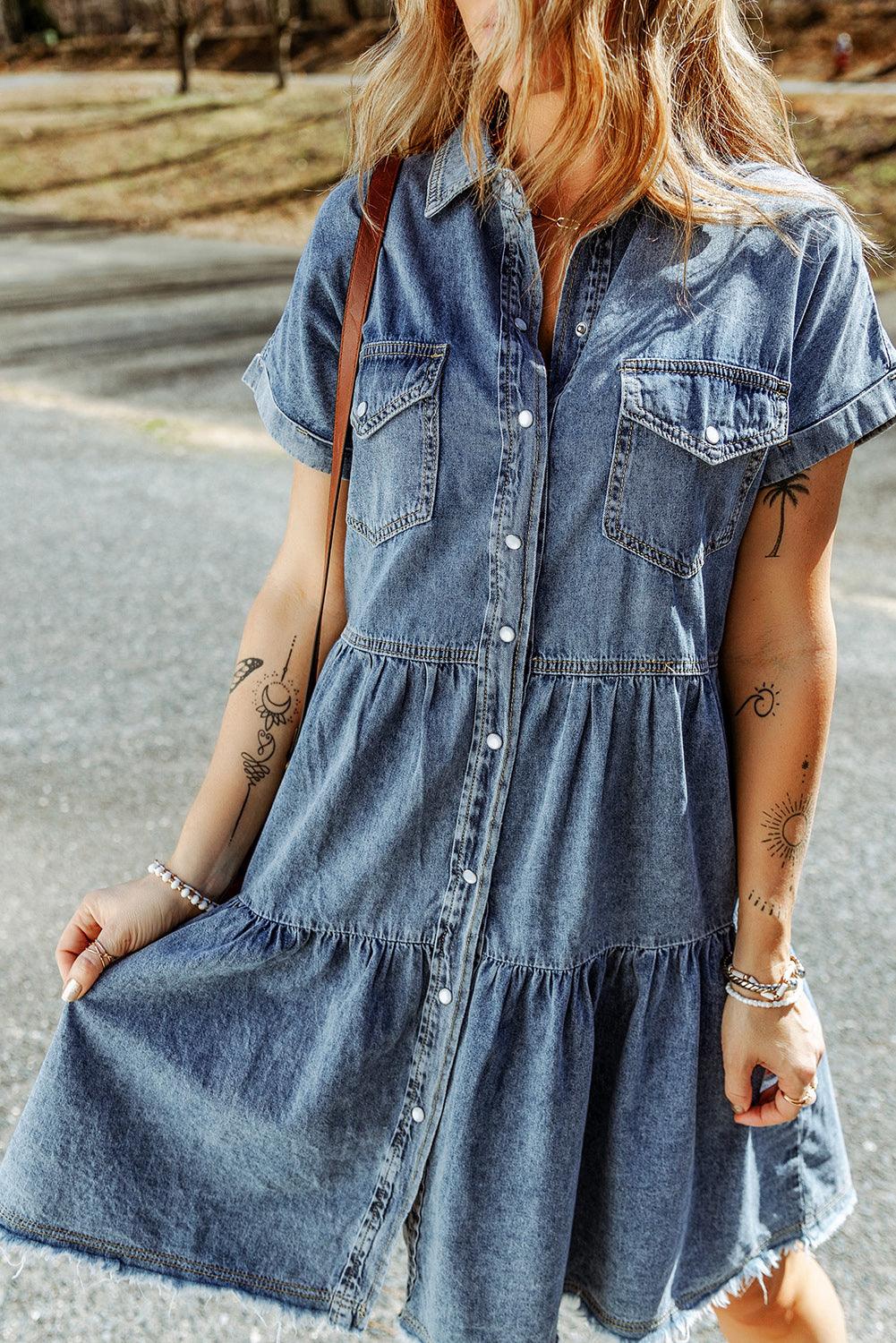 Frayed Pocket Button-Front Denim Mini Dress - LA Grand