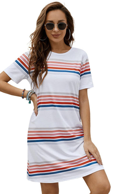 Striped Print Round Neck T-shirt Mini Dress - LA Grand