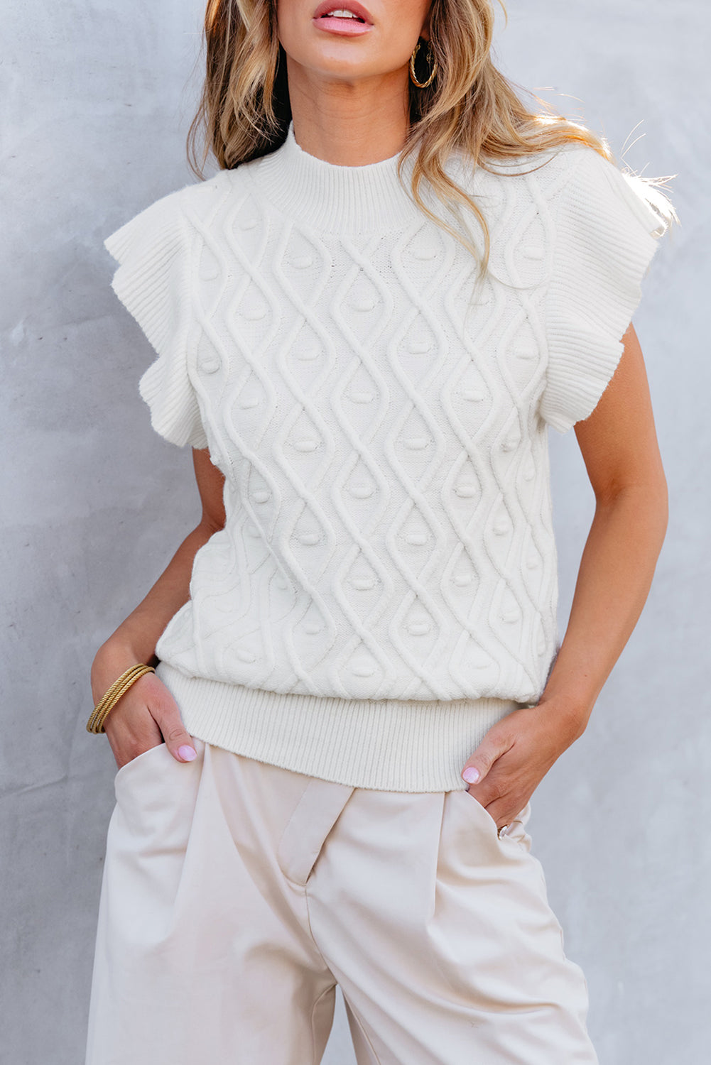 White Textured Ruffled Mock Neck Knitted Vest - LA Grand