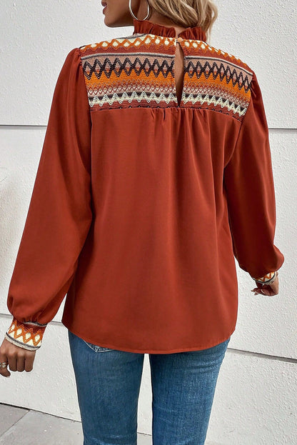 Red Clay Western Geometric Print Bubble Sleeve Frilled Neck Blouse - LA Grand