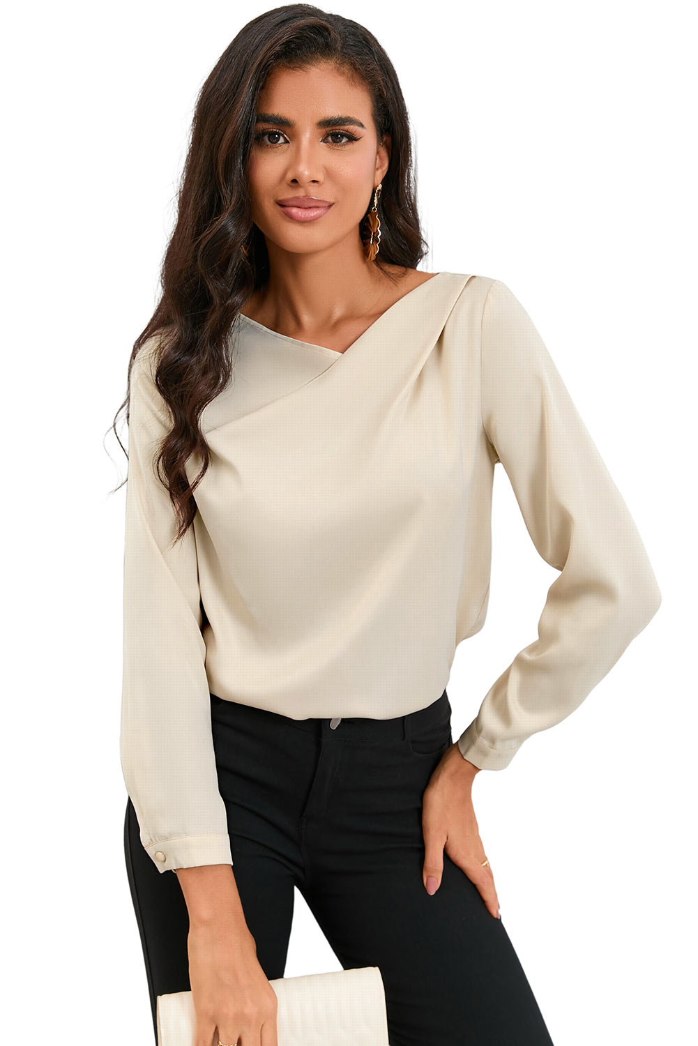 Apricot Solid Asymmetric V Neck Long Sleeve Satin Blouse - LA Grand