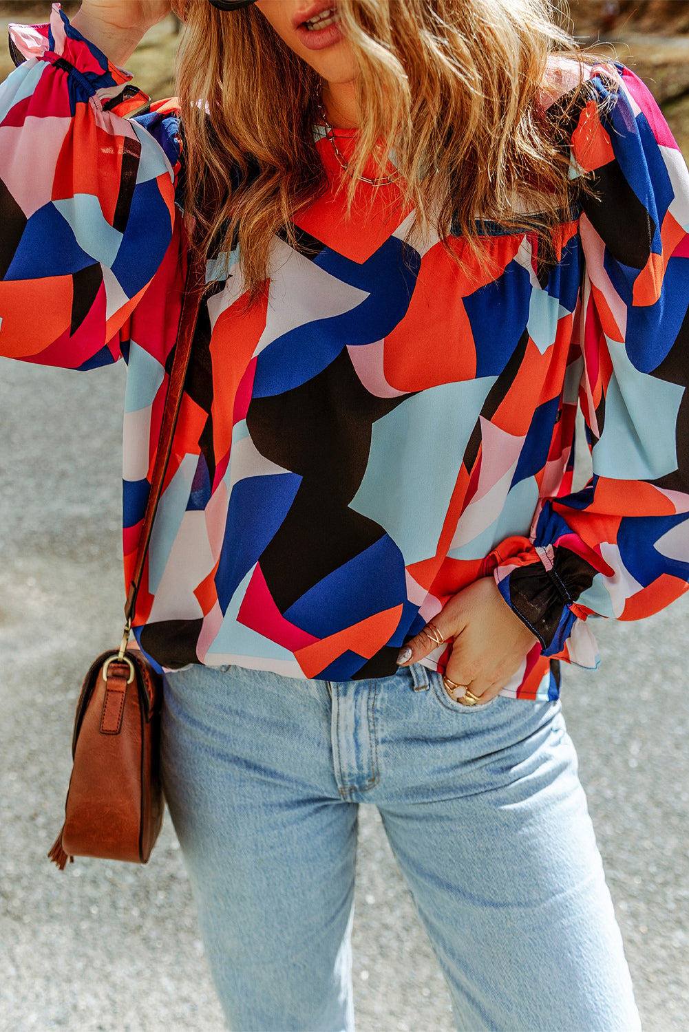 Abstract Pattern Crewneck Ruffled Puff Sleeve Blouse - LA Grand