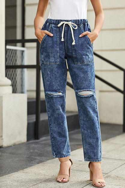 Sky Blue Gather Round Distressed Pocketed Denim Jogger - LA Grand