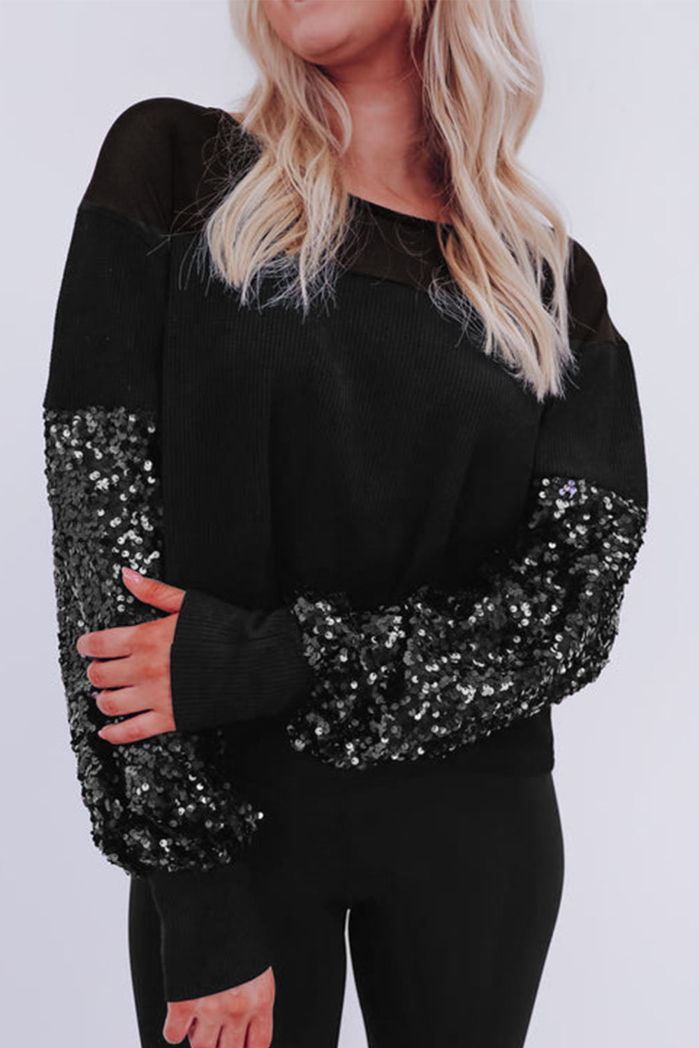 Black Sequin Patchwork Lantern Sleeve Blouse - LA Grand