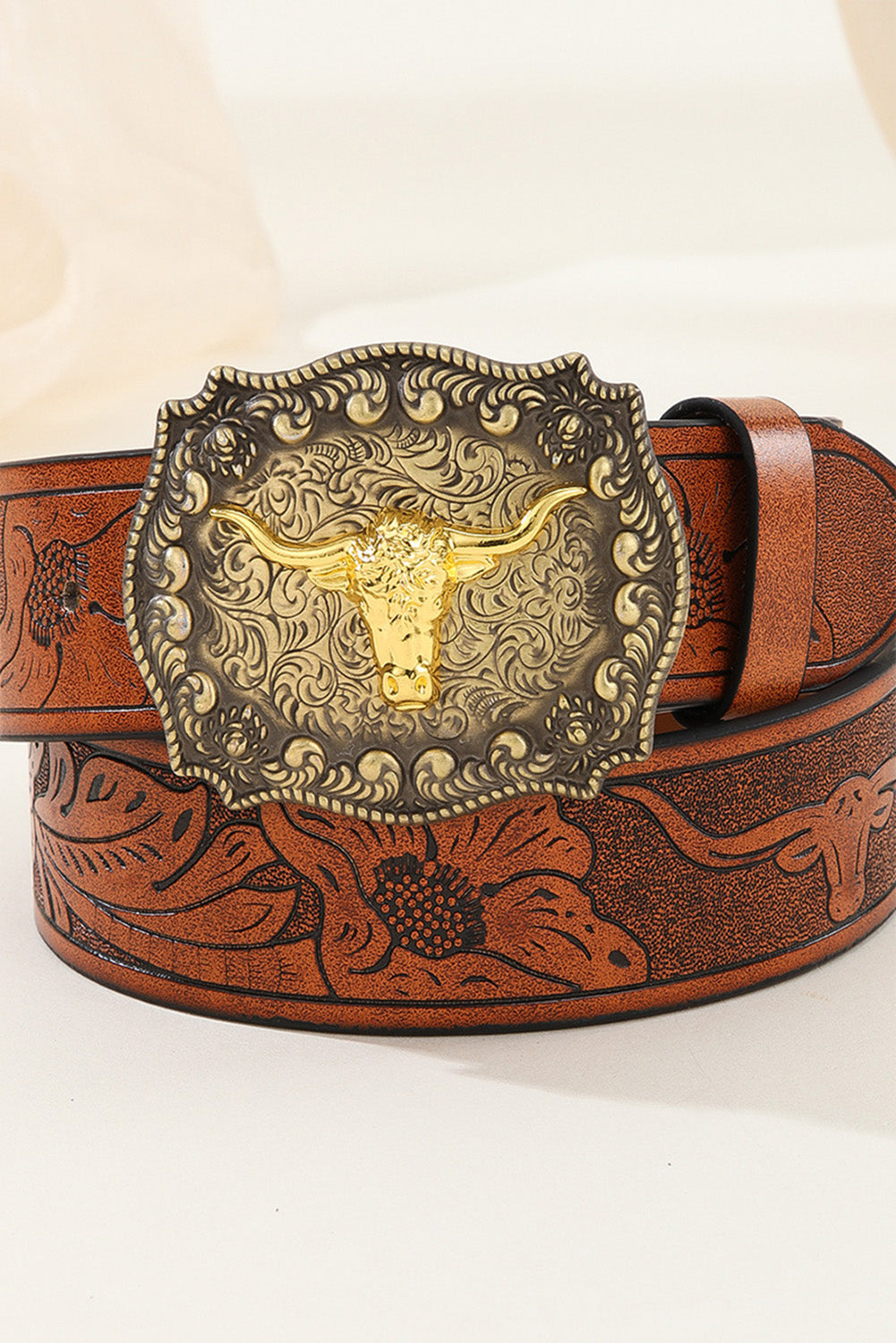 Brown Western Longhorn Bull Buckle Belt - LA Grand