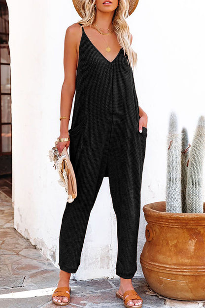 Blue Textured Sleeveless V-Neck Pocketed Casual Jumpsuit - LA Grand