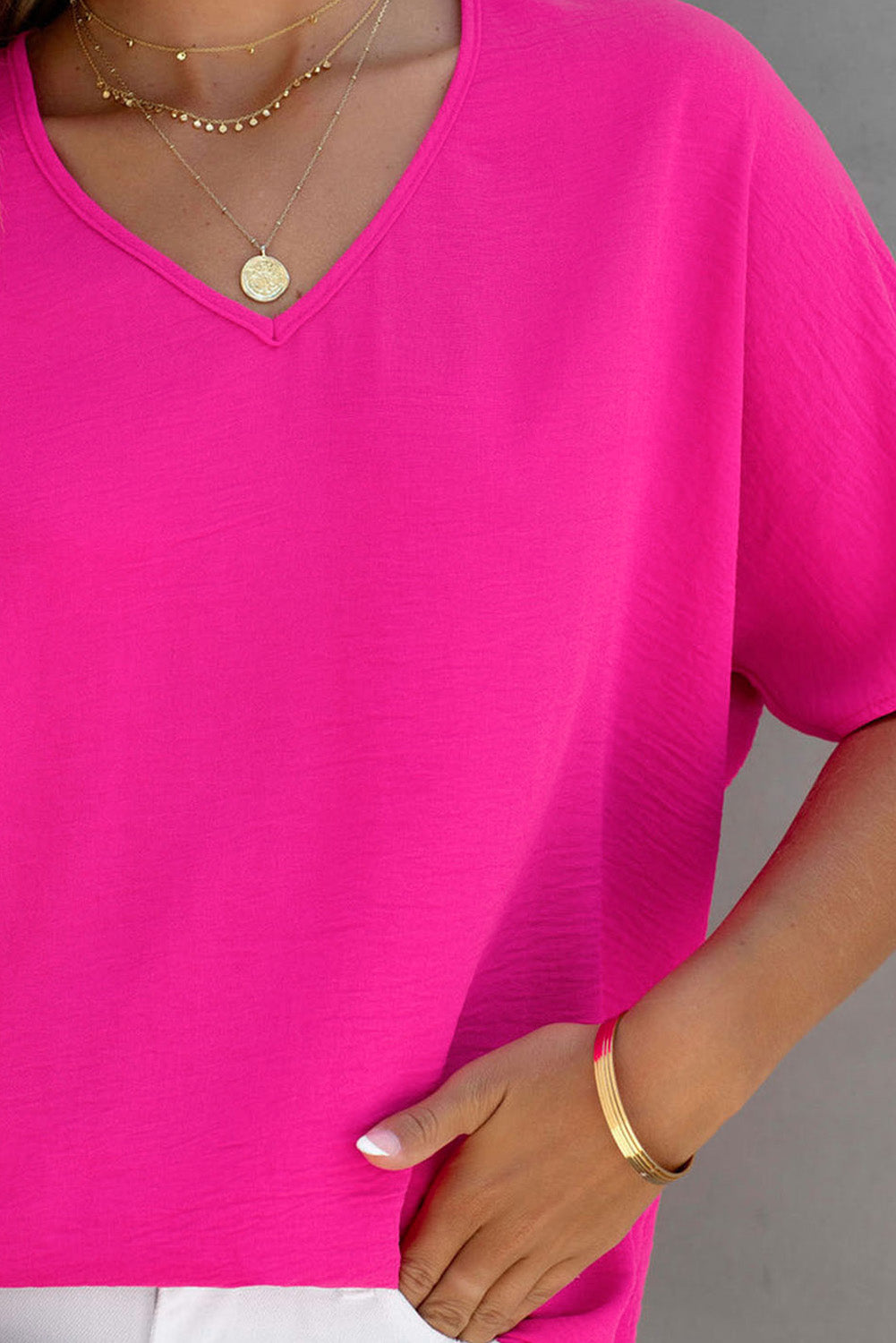 Pink Solid V Neck Short Sleeve Blouse - LA Grand