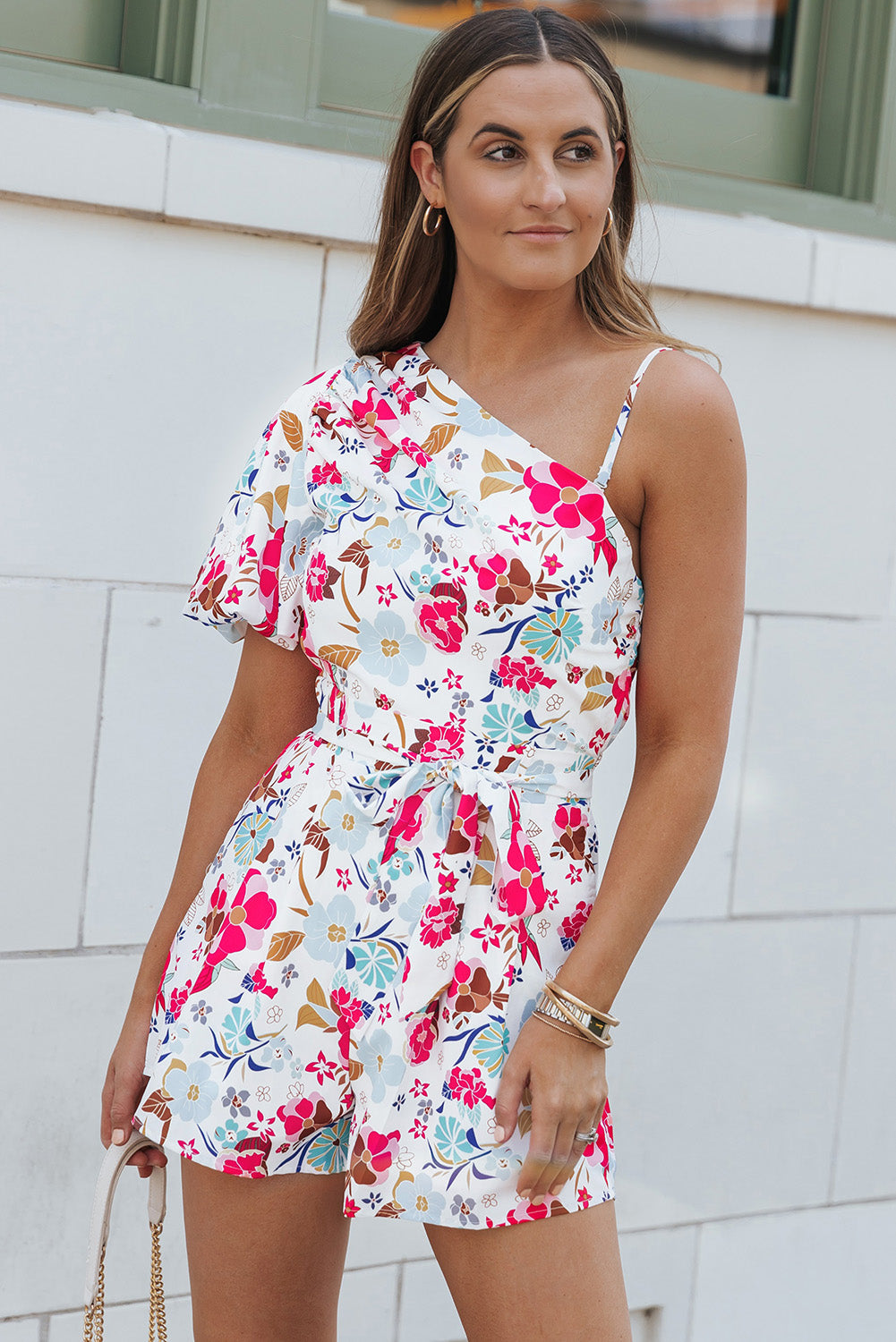 White Floral Single Bubble Sleeve Slant Shoulder Romper - LA Grand