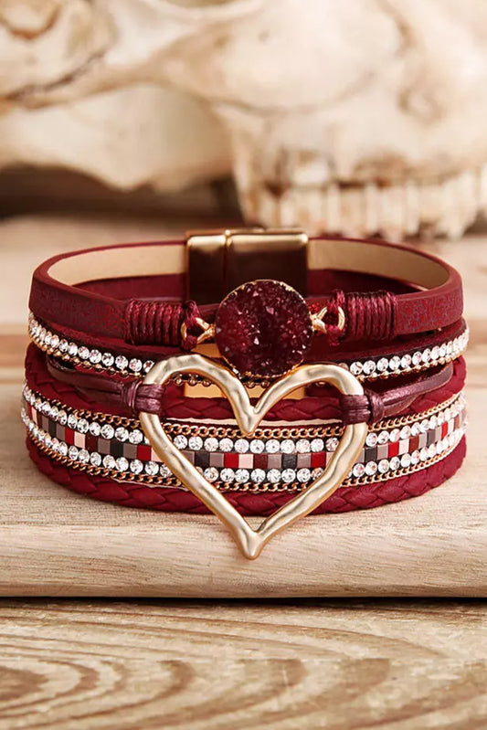 Fiery Red Valentine Rhinestone Heart Layered Bracelet - LA Grand