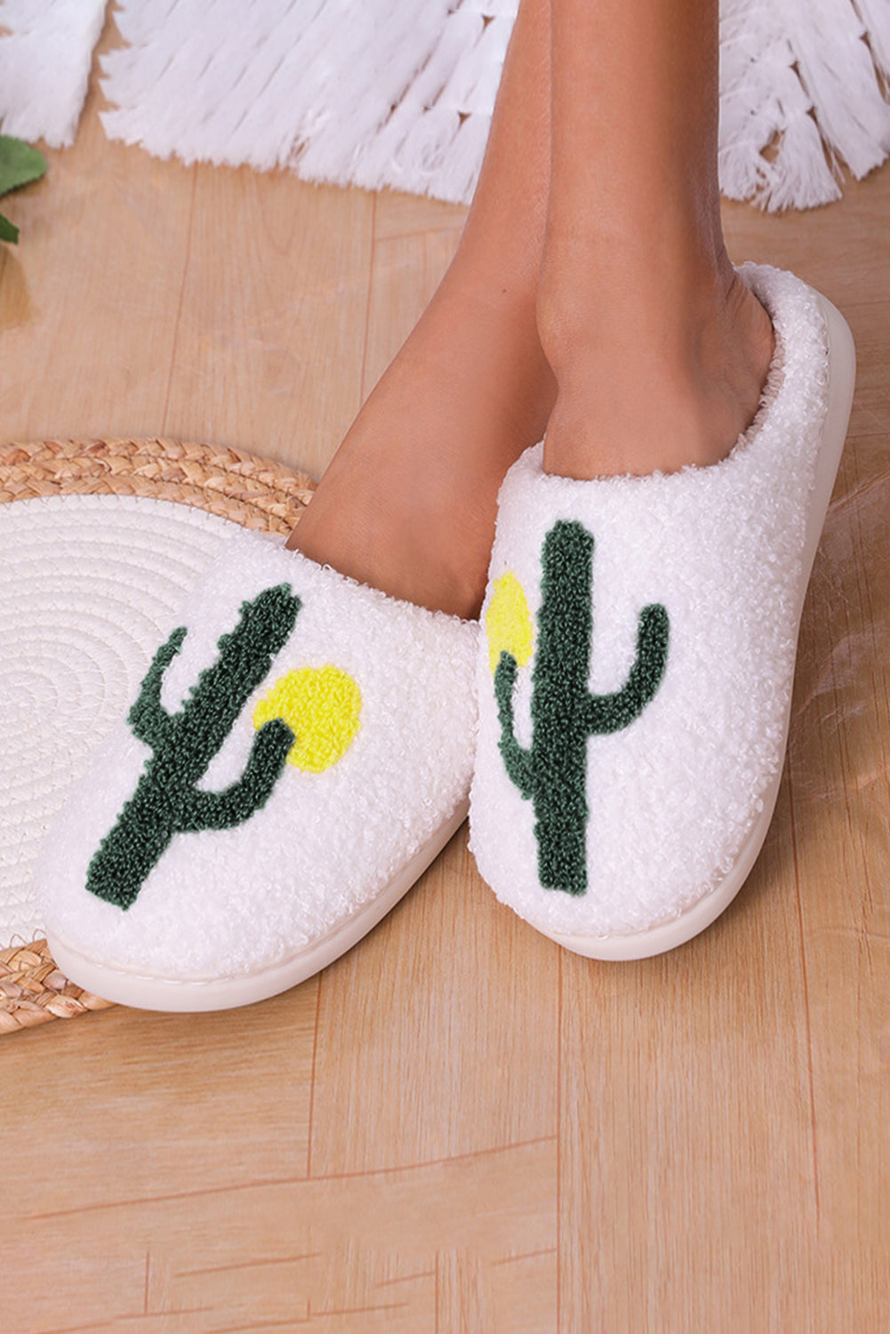 White Fuzzy Cactus Pattern Winter Home Slippers - LA Grand