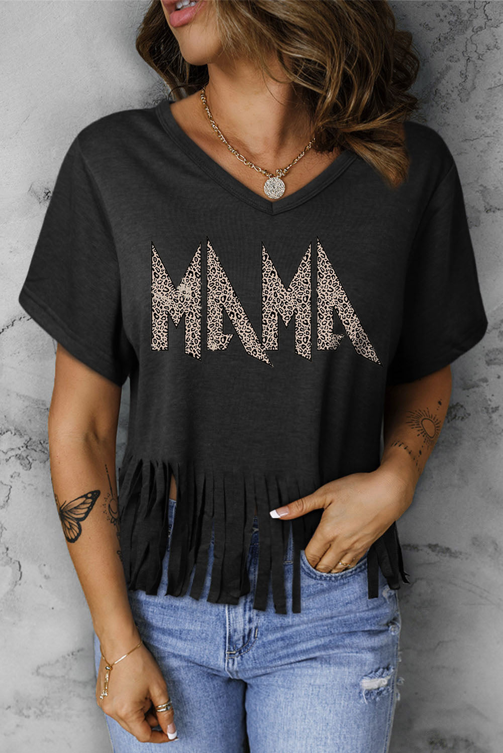 Black Leopard MAMA Fringed Hem Top - LA Grand