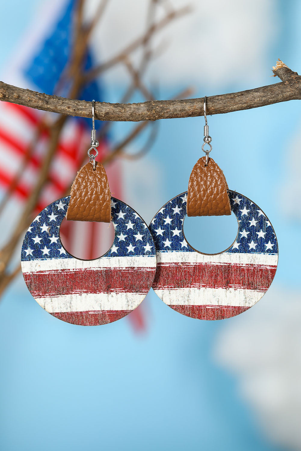 Multicolor American Flag Round Wood Pendant Earrings - LA Grand