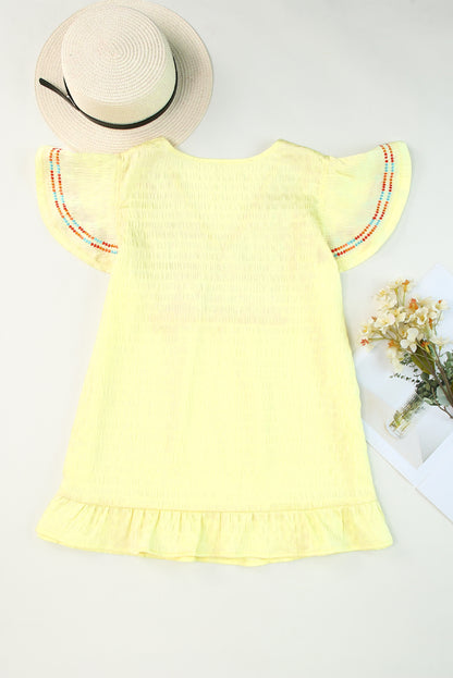 Yellow Geometric Embroidery Textured Top with Ruffles - LA Grand